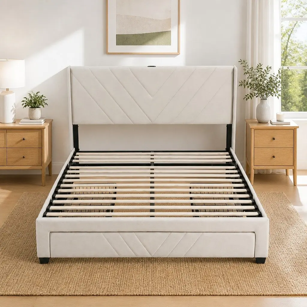 King Bed Frame for Bedroom with Storage Drawers and USB Charging Station Beige 191x215x107cm