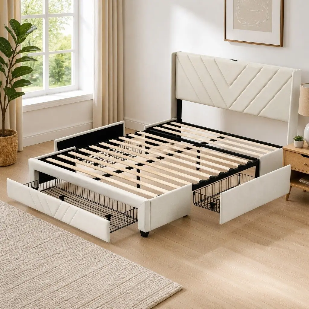Queen Bed Frame for Bedroom with Charging Station and Storage Drawers Beige