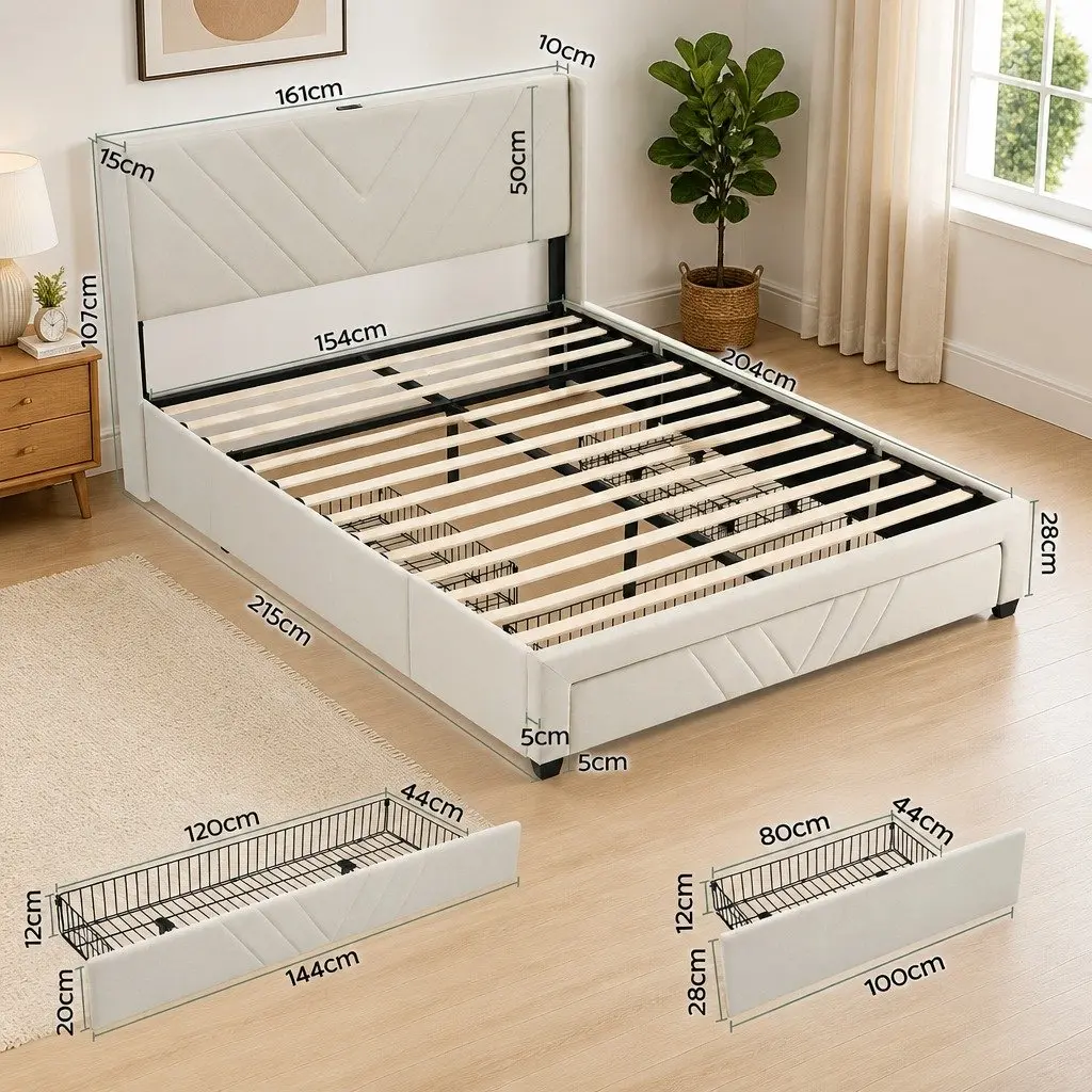 Queen Bed Frame for Bedroom with Charging Station and Storage Drawers Beige