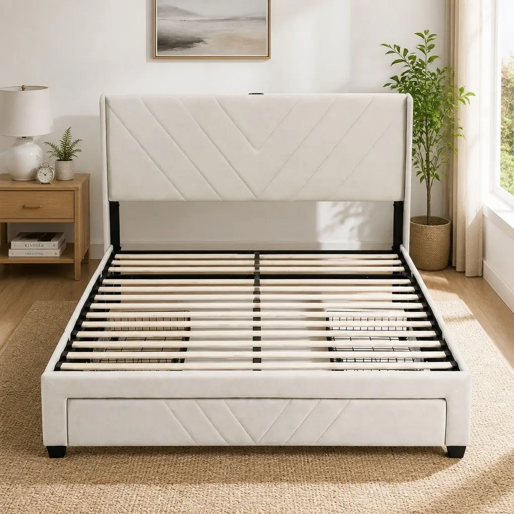 Queen Bed Frame for Bedroom with Charging Station and Storage Drawers Beige