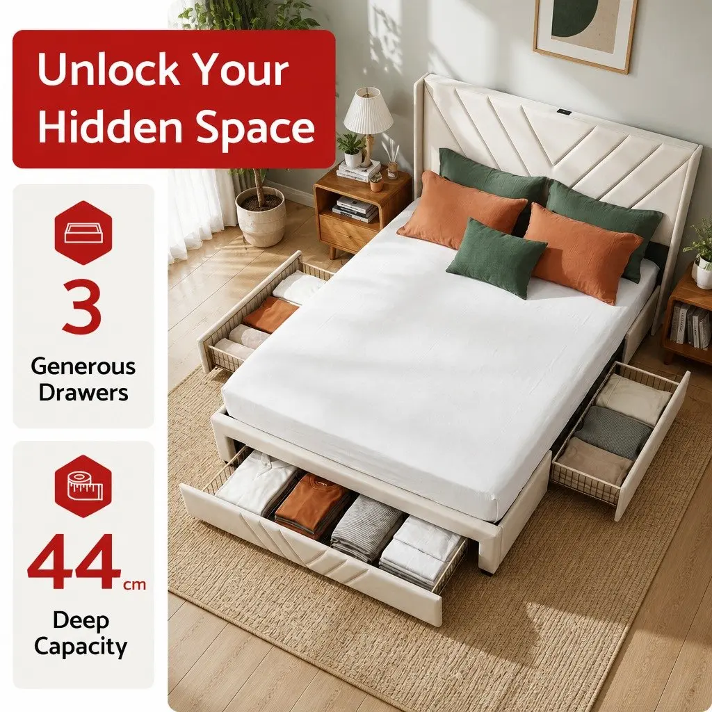 Queen Bed Frame for Bedroom with Charging Station and Storage Drawers Beige
