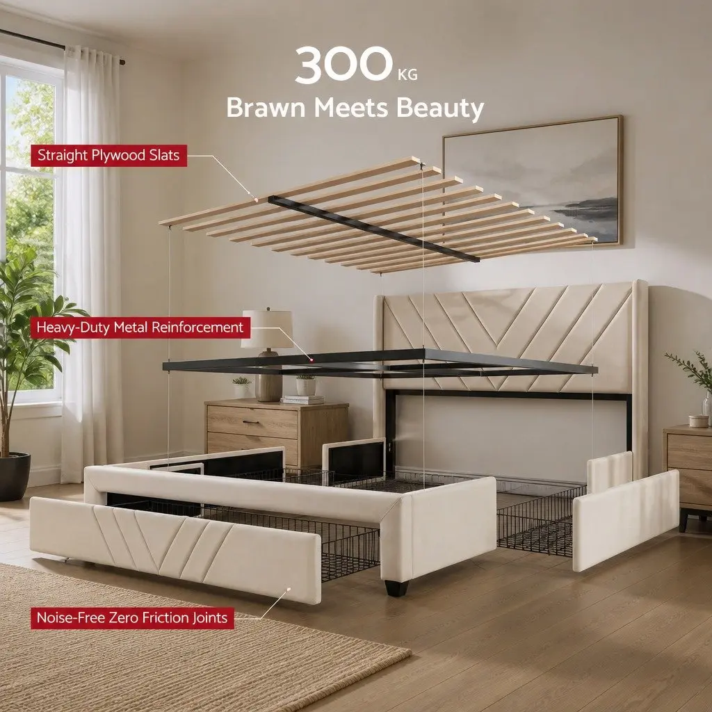 Queen Bed Frame for Bedroom with Charging Station and Storage Drawers Beige