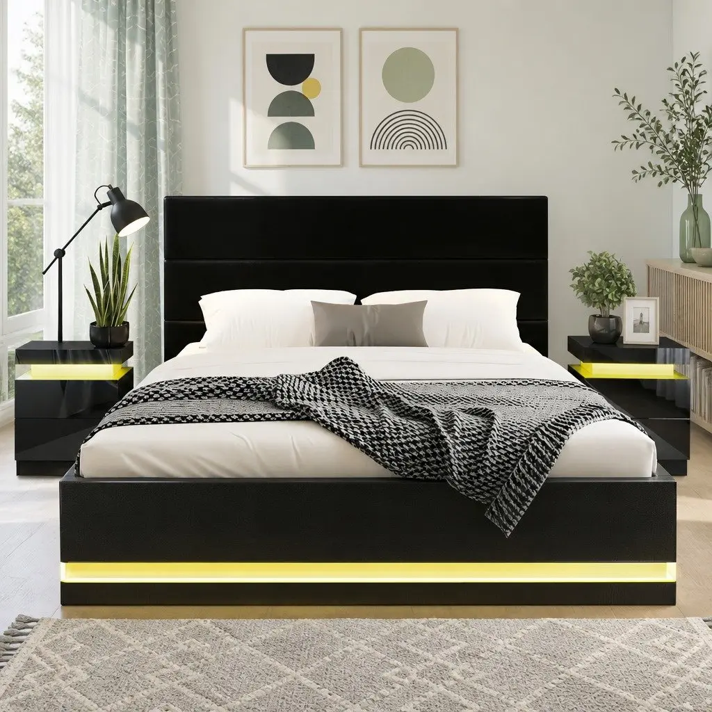 Queen Bed Frame with LED Tables and RGB Lights