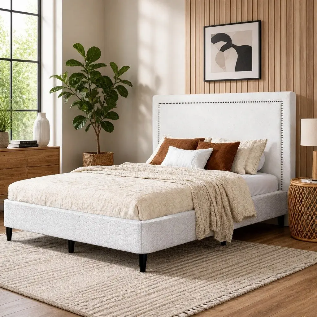 Queen Bed Frame with Fabric Headboard Platform Base Metal Slats Storage Grey