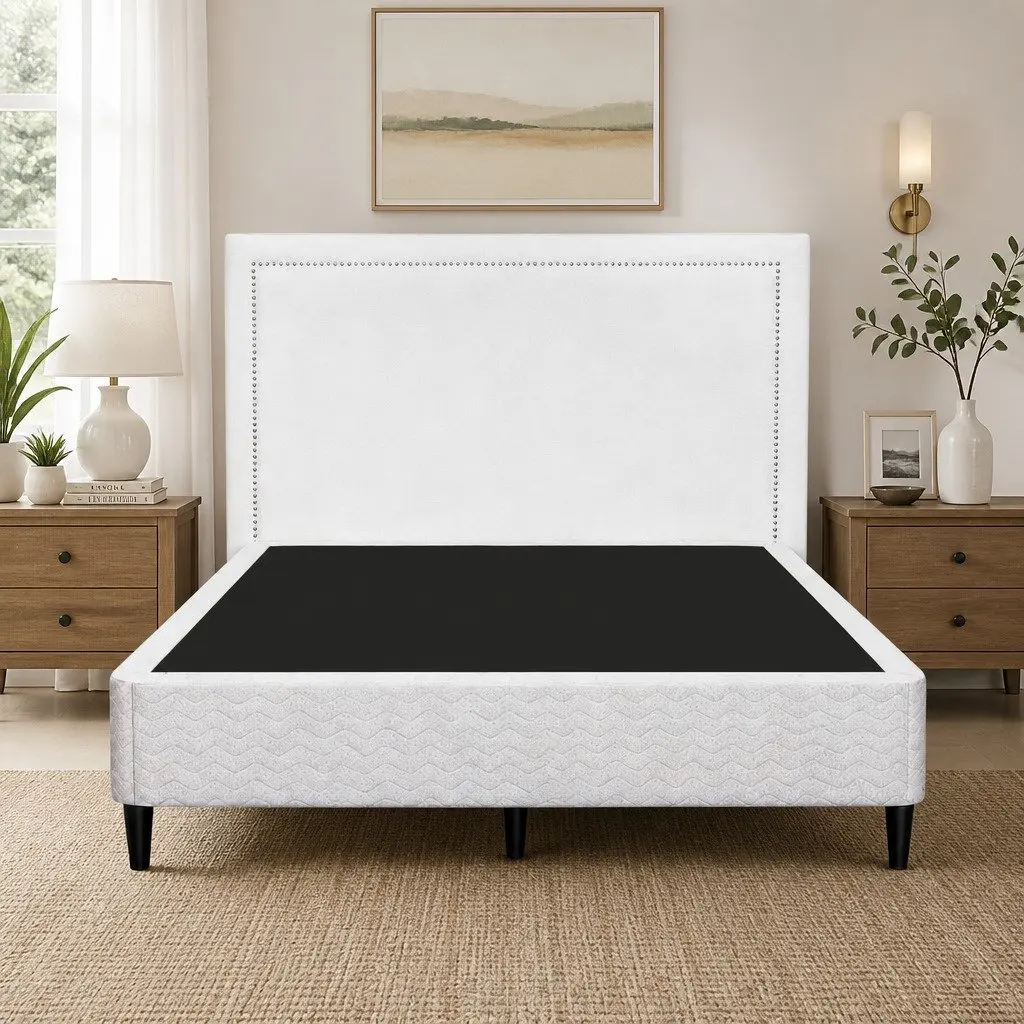 Queen Bed Frame with Fabric Headboard Platform Base Metal Slats Storage Grey