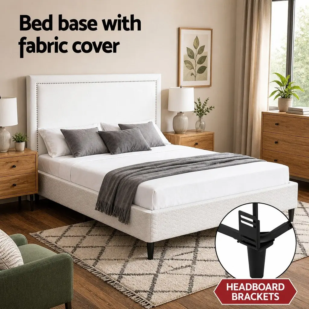 Queen Bed Frame with Fabric Headboard Platform Base Metal Slats Storage Grey