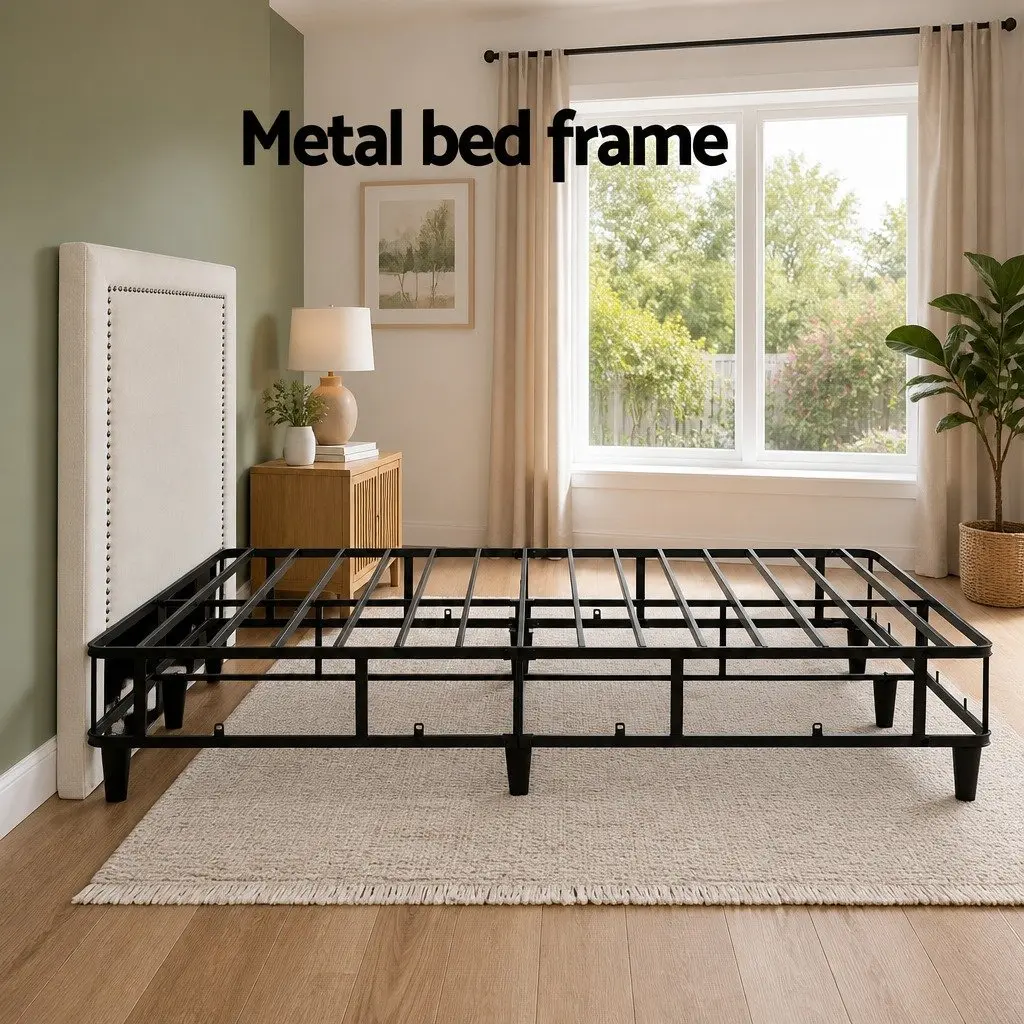 Queen Bed Frame with Fabric Headboard Platform Base Metal Slats Storage Grey