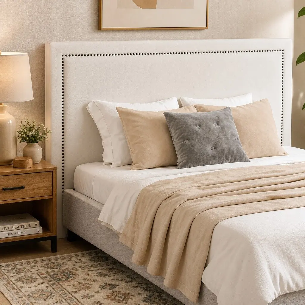 Queen Bed Frame with Fabric Headboard Platform Base Metal Slats Storage Grey