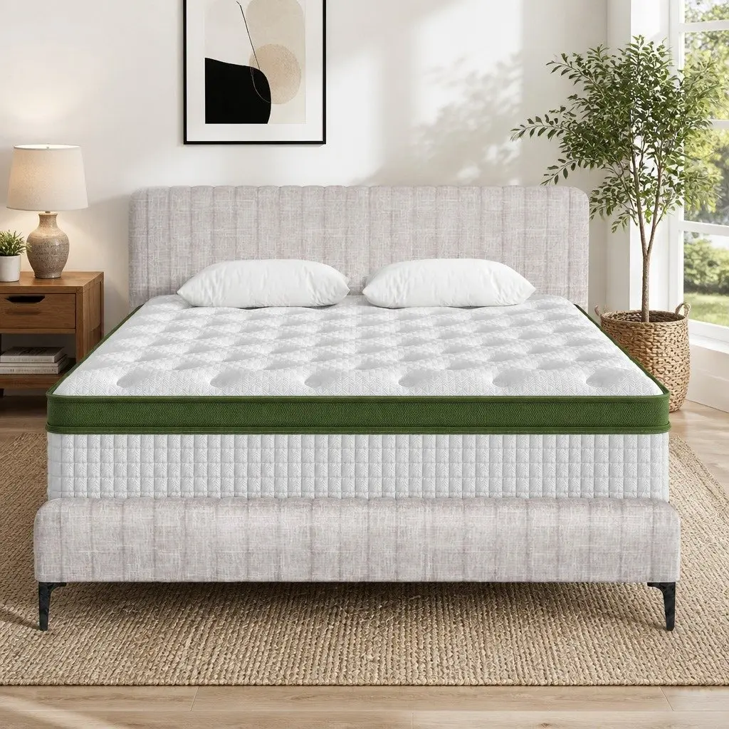 Queen Bed Frame with Mattress Set Upholstered Platform Base Pocket Coil Linen