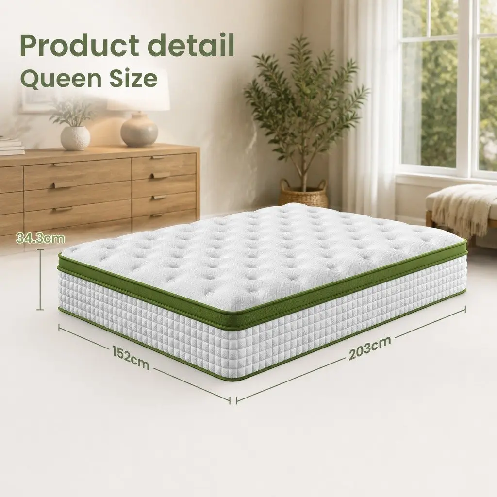 Queen Bed Frame with Mattress Set Upholstered Platform Base Pocket Coil Linen