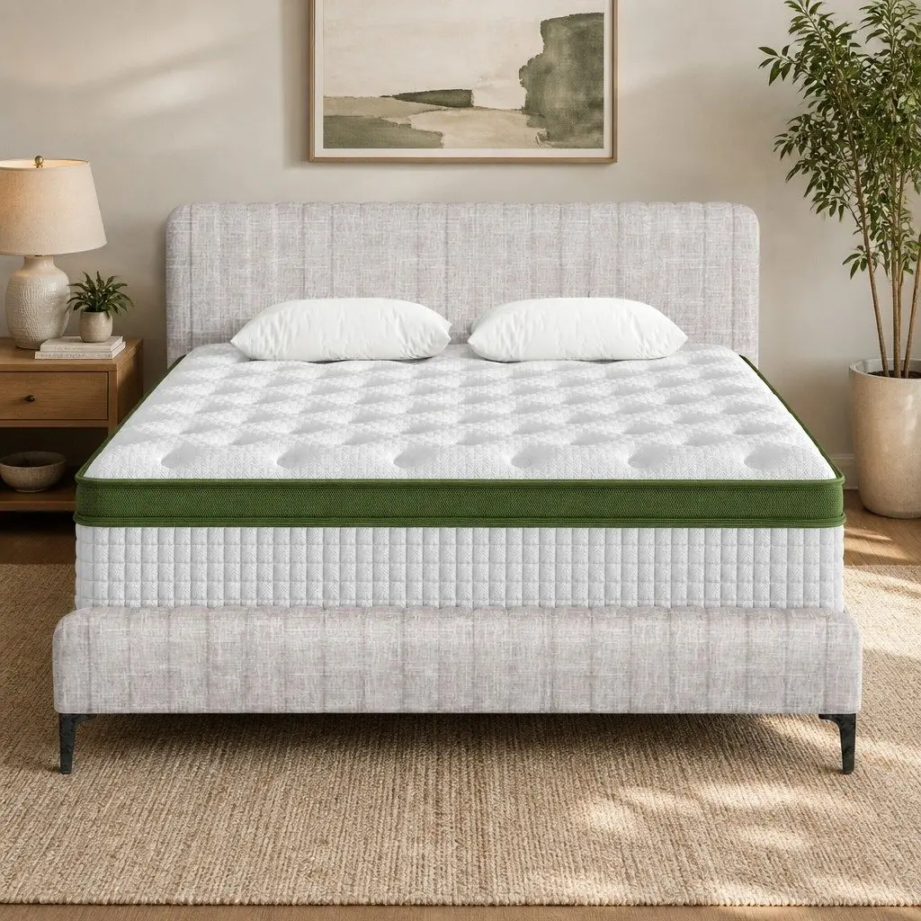 Queen Bed Frame with Mattress Set Upholstered Platform Base Pocket Coil Linen