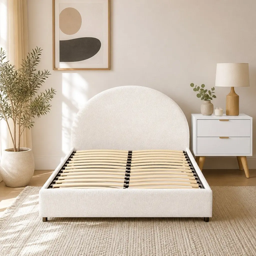 Queen Bed Frame with Bedside Table Gas Lift Storage Boucle Upholstered