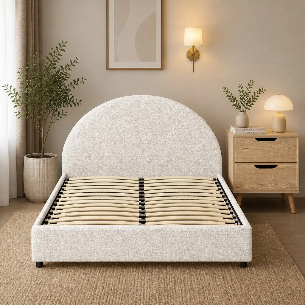 Queen Gas Lift Storage Bed Frame with Bedside Table Boucle Upholstered Platform