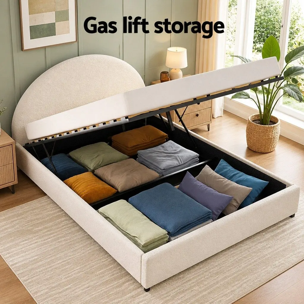 Queen Gas Lift Storage Bed Frame with Bedside Table Boucle Upholstered Platform