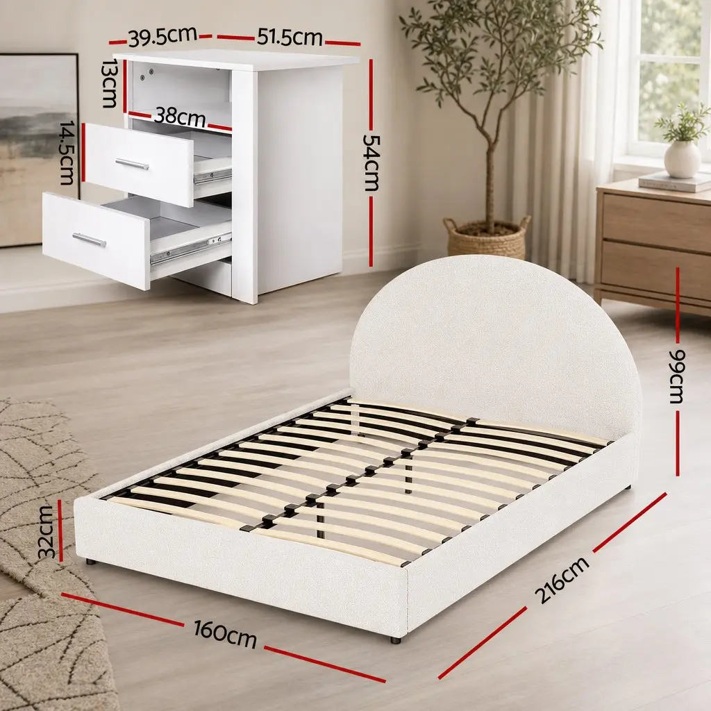 Queen Bed Frame with Gas Lift Storage and 2-Drawer Table