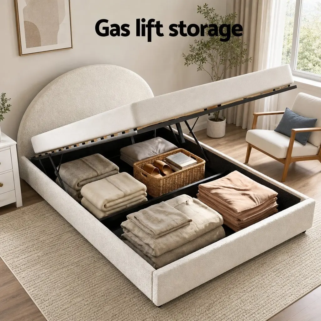 Queen Bed Frame with Gas Lift Storage and 2-Drawer Table