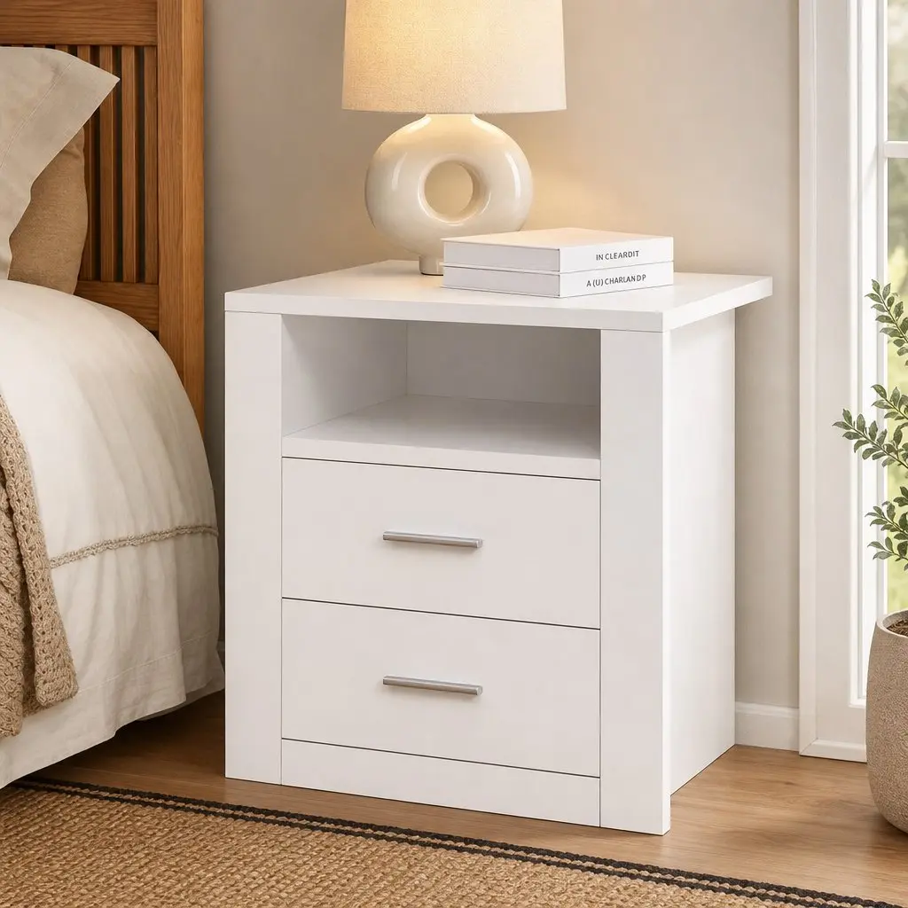 Queen Bed Frame with Gas Lift Storage and 2-Drawer Table