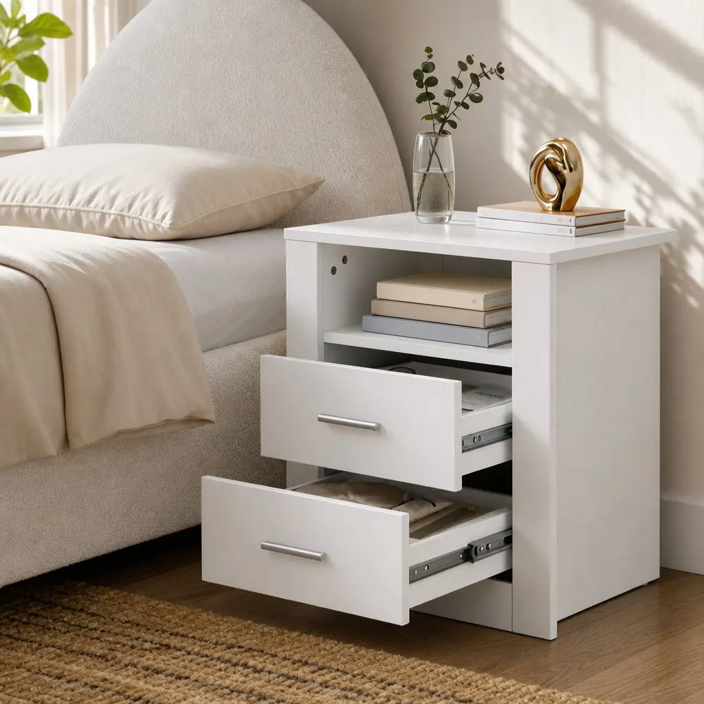 Queen Bed Frame with Gas Lift Storage and 2-Drawer Table