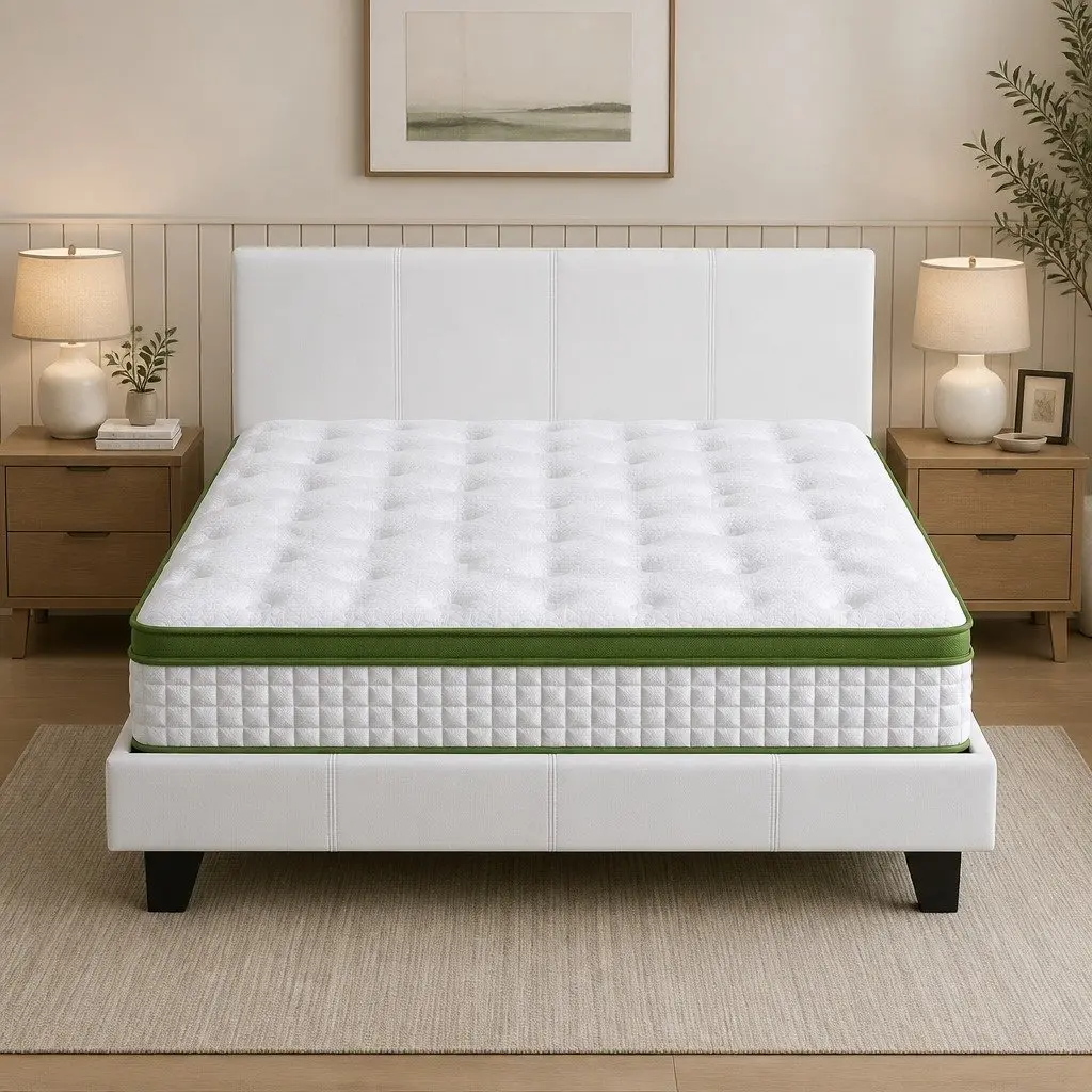 Double Bed Frame with Hybrid Mattress Modern Platform White Bedroom Furniture