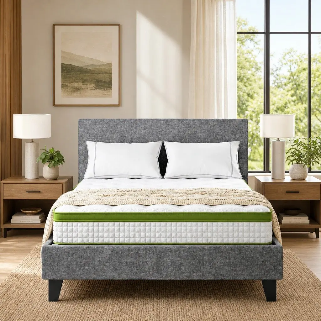 Single Bed Frame with 30cm Hybrid Mattress for Bedroom Grey Upholstered