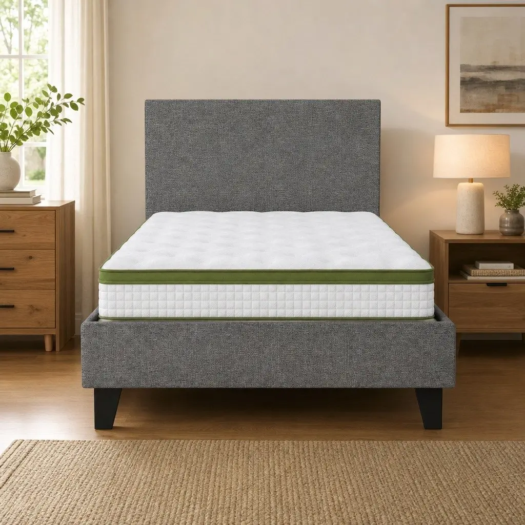 Single Bed Frame with 30cm Hybrid Mattress for Bedroom Grey Upholstered