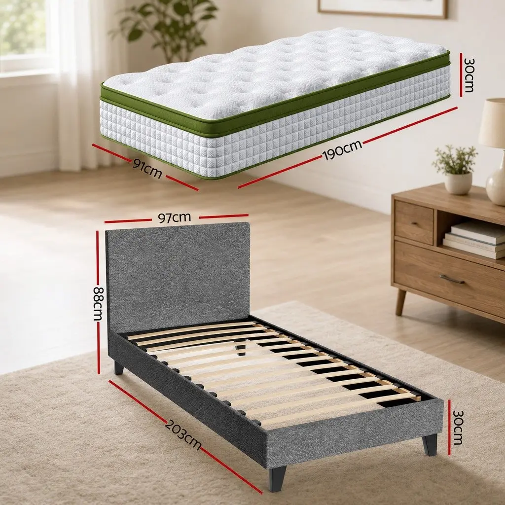 Single Bed Frame with 30cm Hybrid Mattress for Bedroom Grey Upholstered