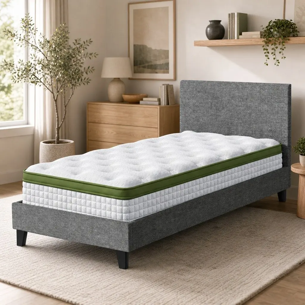 Single Bed Frame with 30cm Hybrid Mattress for Bedroom Grey Upholstered