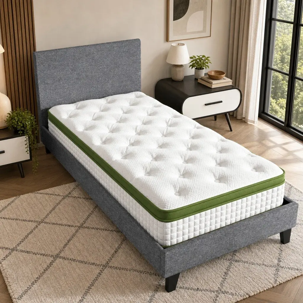 Single Bed Frame with 30cm Hybrid Mattress for Bedroom Grey Upholstered