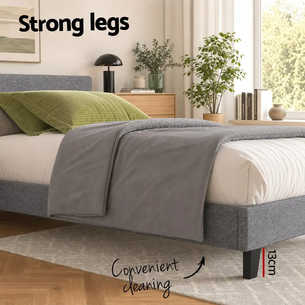 Single Bed Frame with 30cm Hybrid Mattress for Bedroom Grey Upholstered