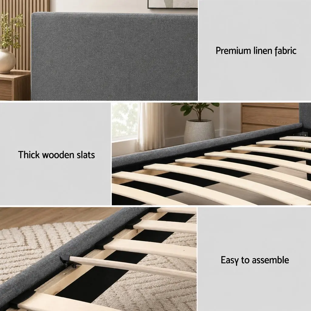 Single Bed Frame with 30cm Hybrid Mattress for Bedroom Grey Upholstered