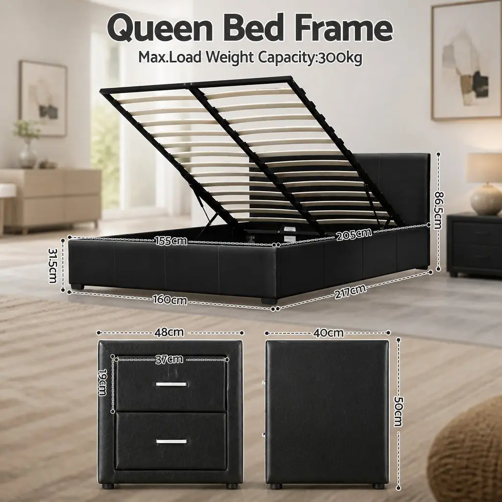 Queen Gas Lift Bed Frame with Bedside Table