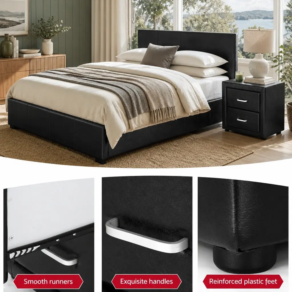 Queen Gas Lift Bed Frame with Bedside Table