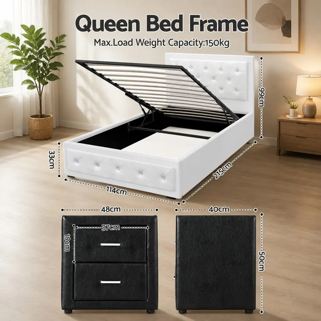 King Single Bed Frame with Gas Lift Storage and Bedside Table Set White Black