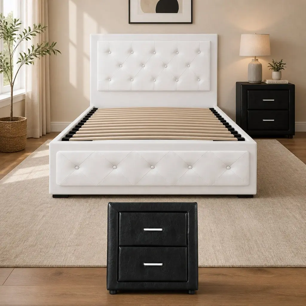 King Single Bed Frame with Gas Lift Storage and Bedside Table Set White Black