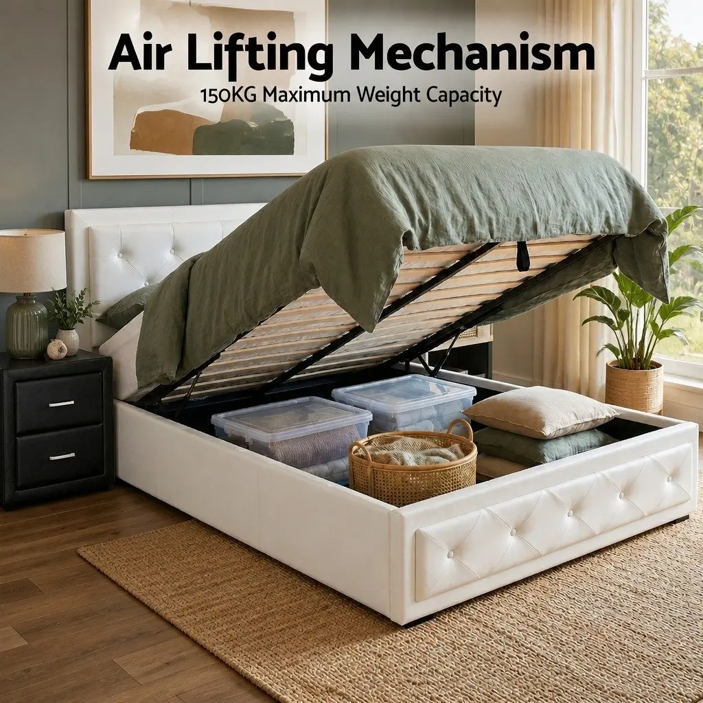 King Single Bed Frame with Gas Lift Storage and Bedside Table Set White Black