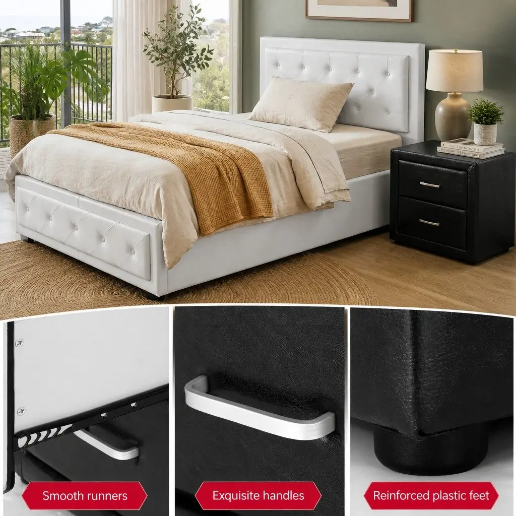 King Single Bed Frame with Gas Lift Storage and Bedside Table Set White Black
