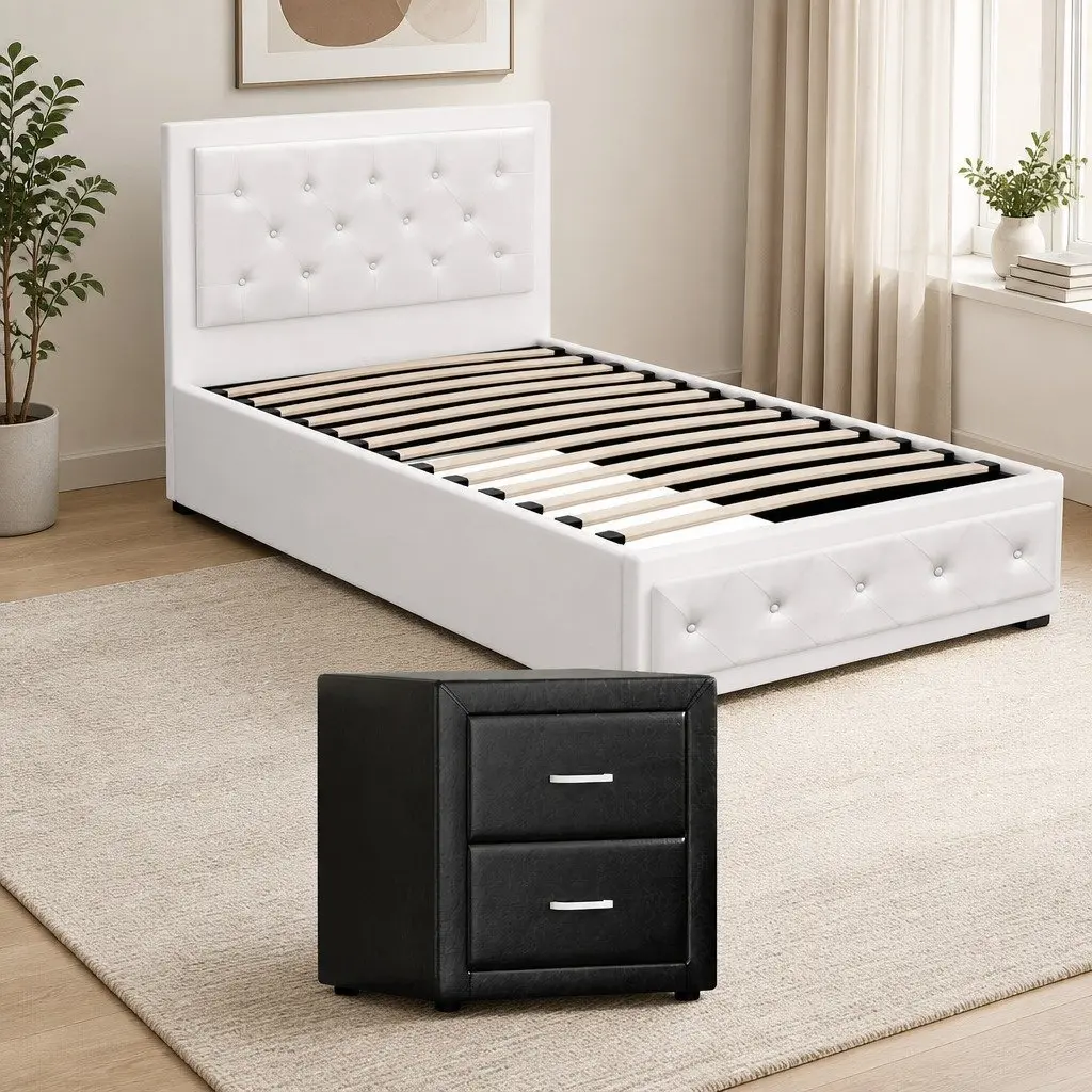 King Single Bed Frame with Gas Lift Storage and Bedside Table Set White Black