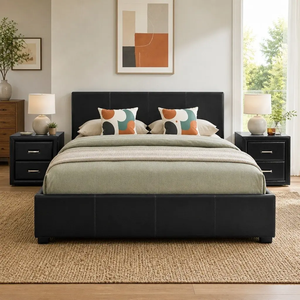 Queen Bed Frame with Gas Lift Storage and 2 Bedside Tables Black Bedroom Set