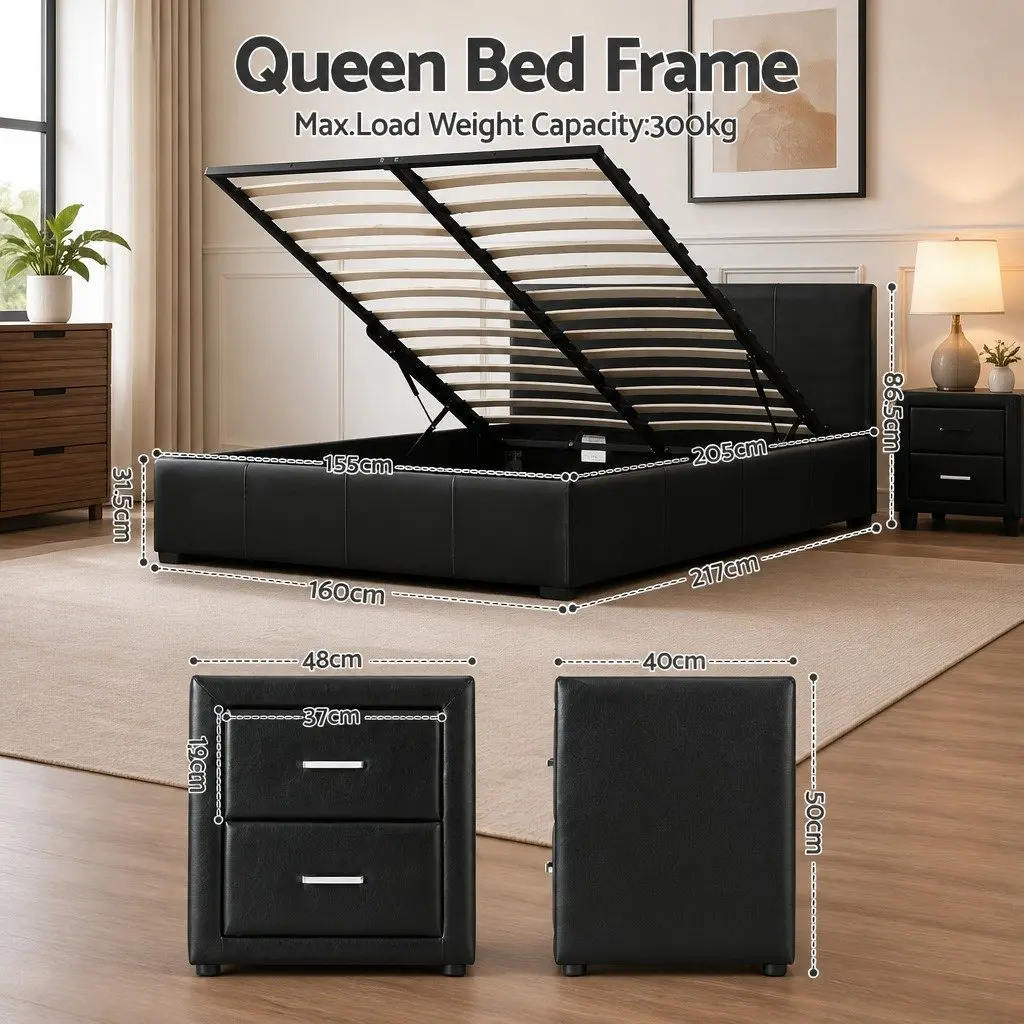 Queen Bed Frame with Gas Lift Storage and 2 Bedside Tables Black Bedroom Set