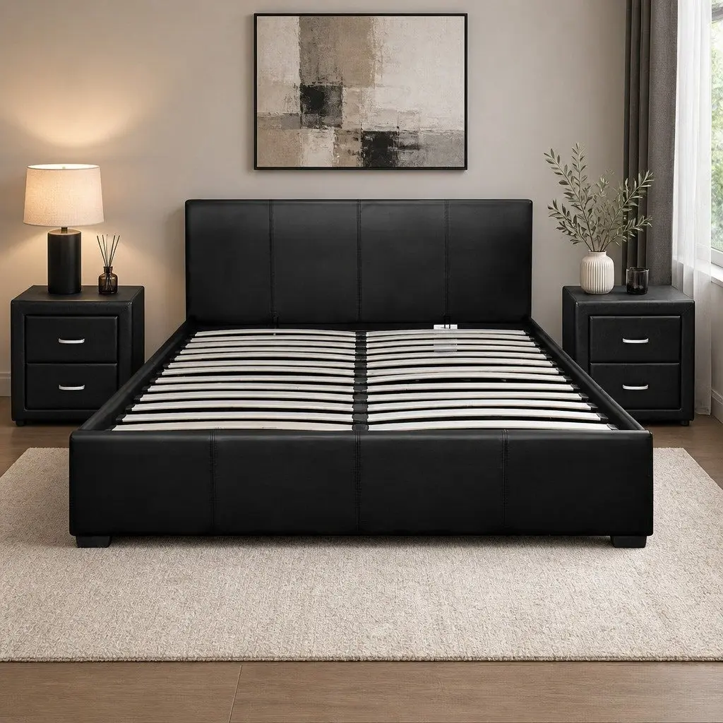 Queen Bed Frame with Gas Lift Storage and 2 Bedside Tables Black Bedroom Set