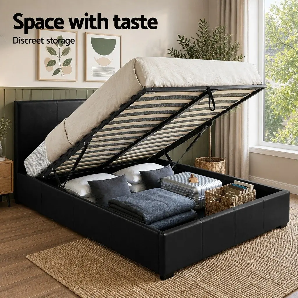 Queen Bed Frame with Gas Lift Storage and 2 Bedside Tables Black Bedroom Set