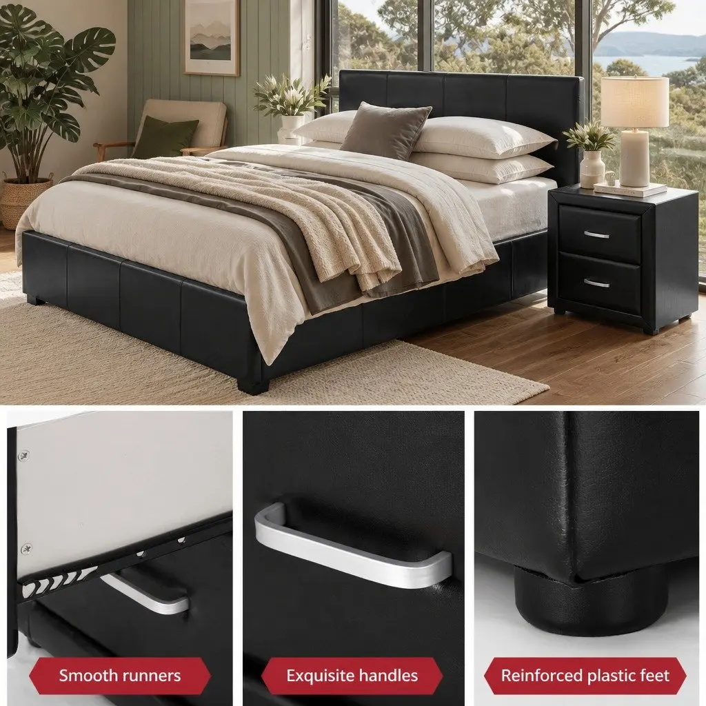 Queen Bed Frame with Gas Lift Storage and 2 Bedside Tables Black Bedroom Set