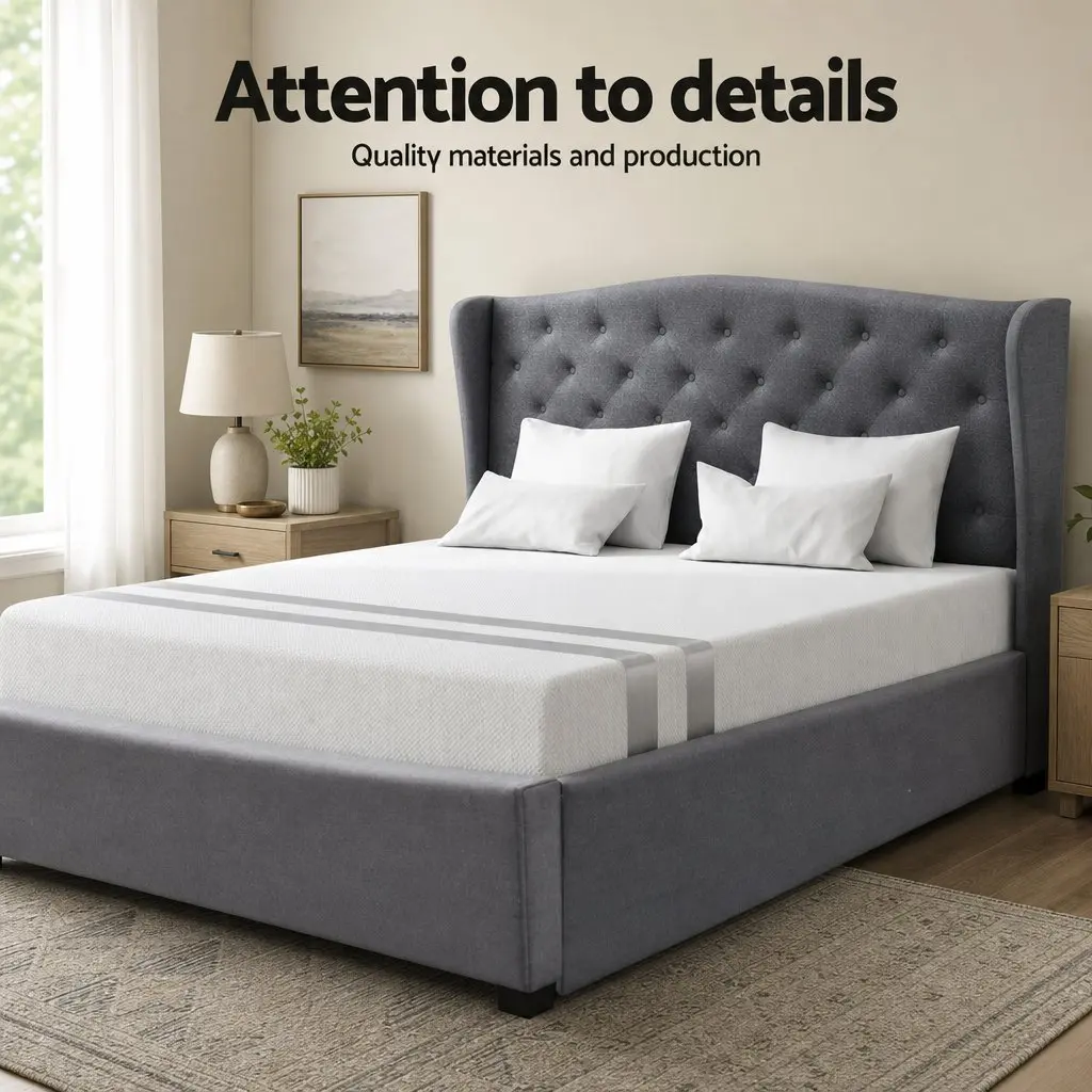 Double Bed Frame and Memory Foam Mattress Set Wing Headboard Tufted Grey Medium