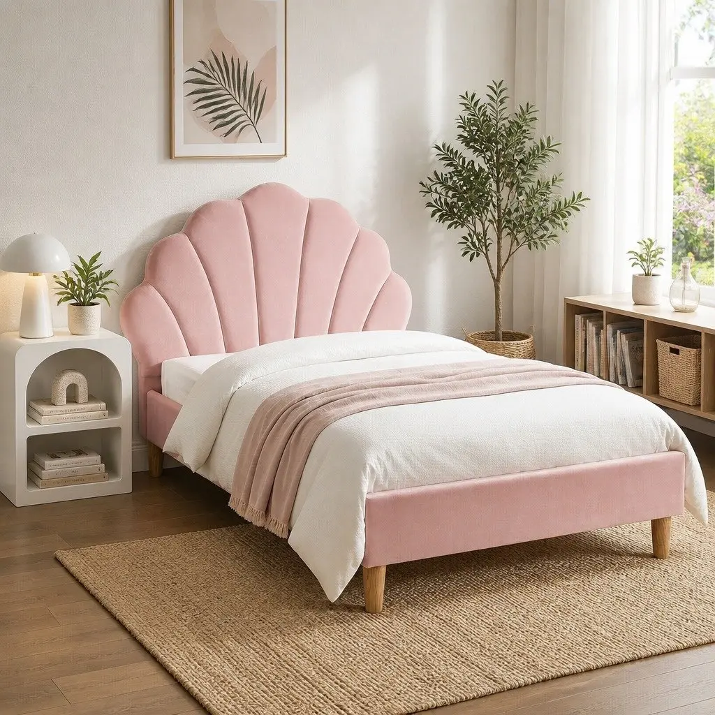 King Single Bed Frame with Scallop Headboard and Matching Bedside Table Storage
