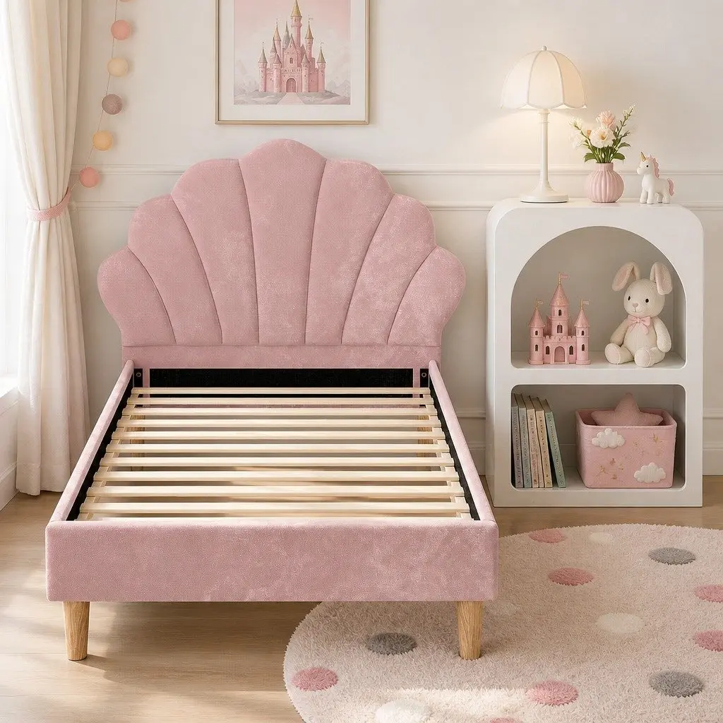 King Single Bed Frame with Scallop Headboard and Matching Bedside Table Storage