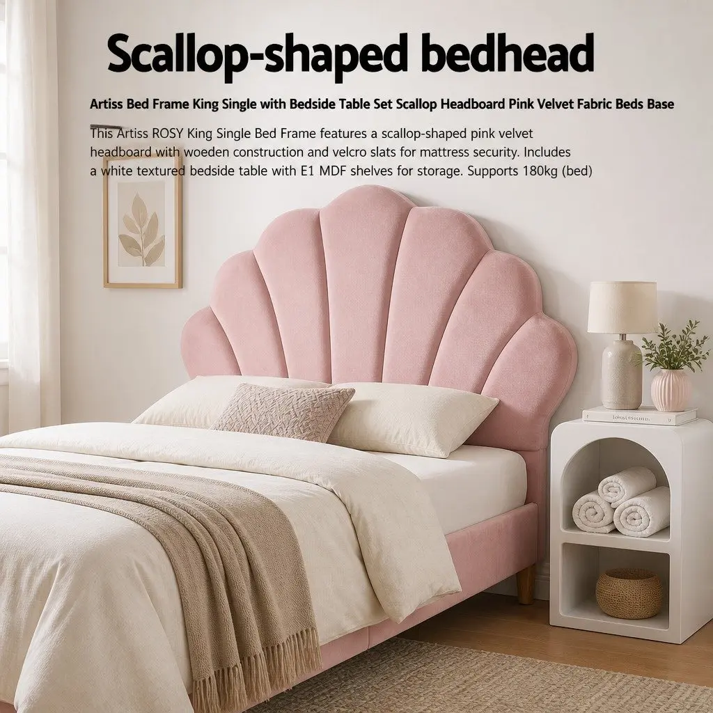 King Single Bed Frame with Scallop Headboard and Matching Bedside Table Storage