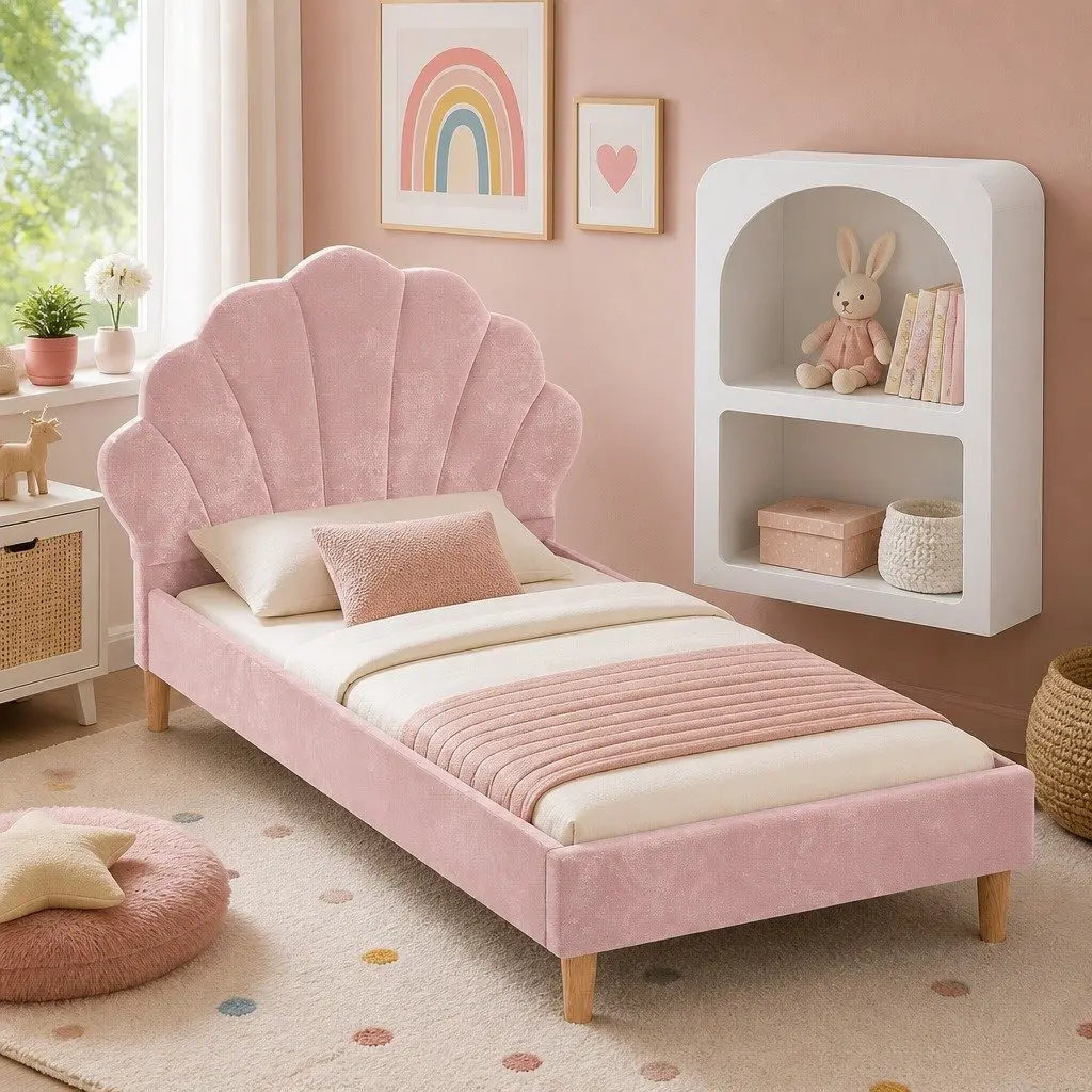 King Single Bed Frame with Scallop Headboard and Matching Bedside Table Storage