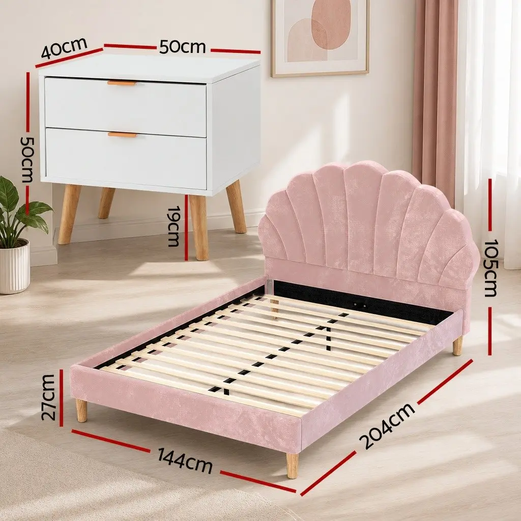 Double Bed Frame Scallop Headboard Pink Velvet with 2 Drawer Bedside Table Set