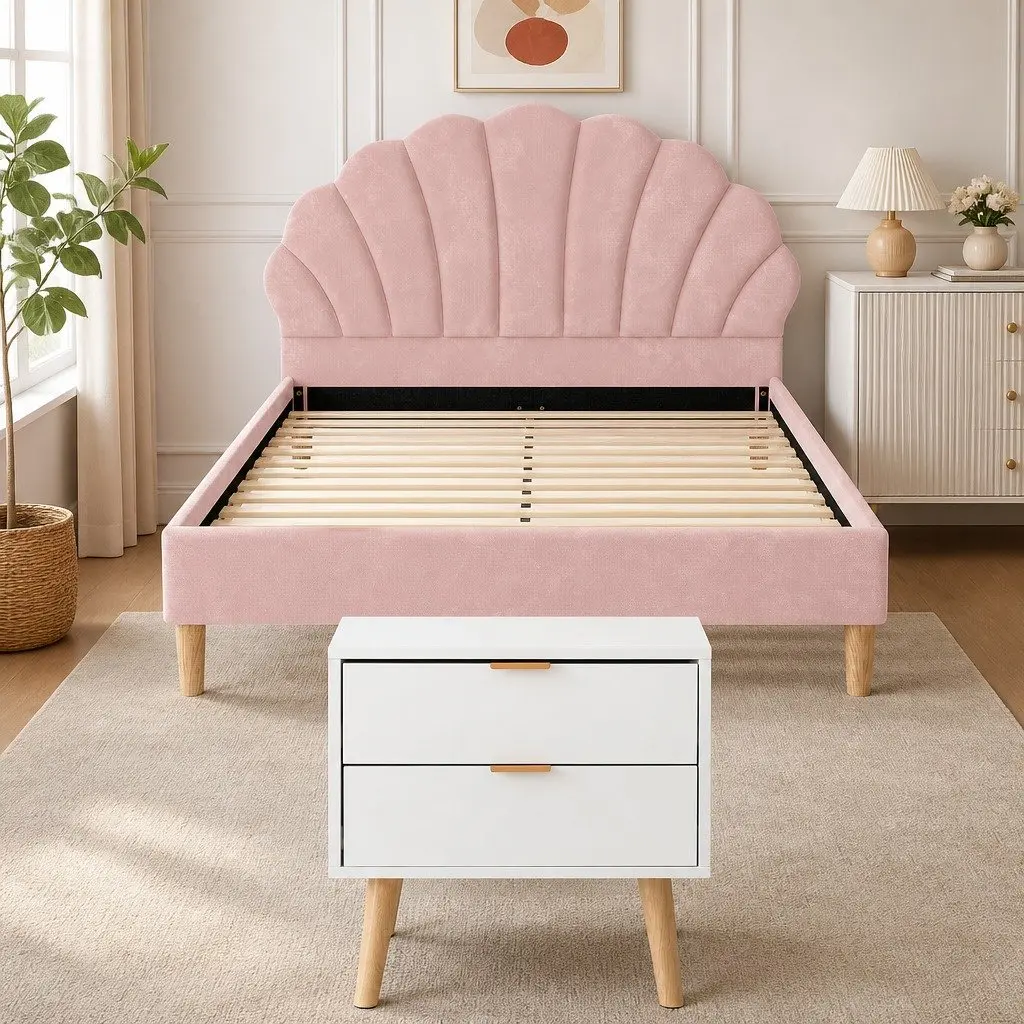 Double Bed Frame Scallop Headboard Pink Velvet with 2 Drawer Bedside Table Set
