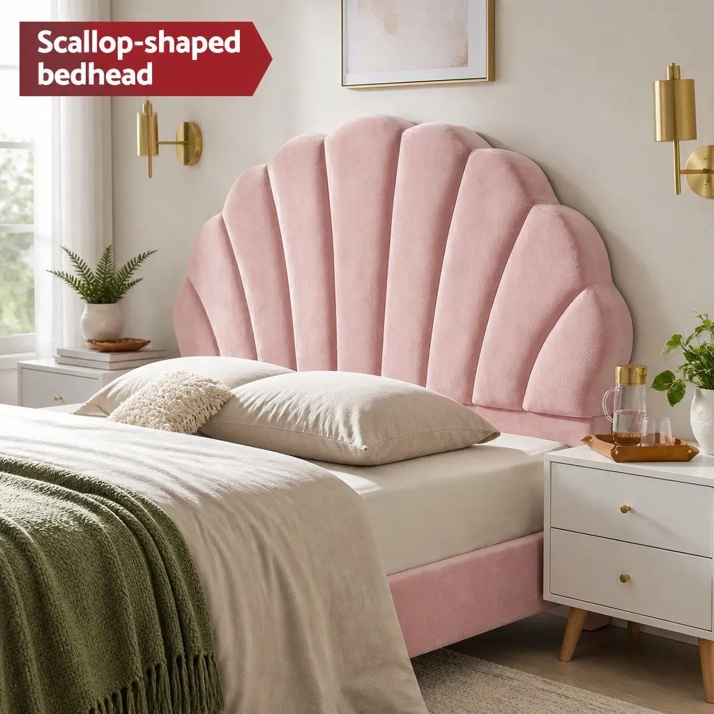 Double Bed Frame Scallop Headboard Pink Velvet with 2 Drawer Bedside Table Set